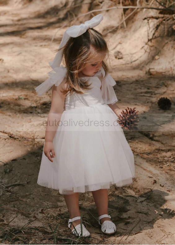 Tulle Straps Ivory Cotton Tea Length Flower Girl Dress